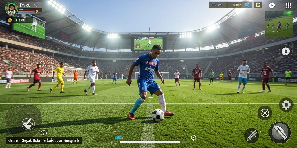 Screenshot utama DV188 menampilkan aksi seru di lapangan sepak bola.